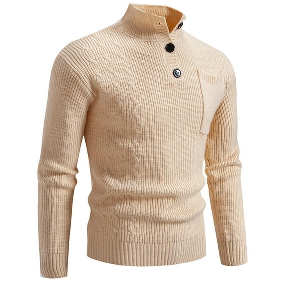 Wrtxtat Mens Stand Collar Pullover Sweater Twist Cable Knitted Long Sleeve Quarter Button Casual Ribbed Henley Sweaters with Pockets Beige XXXL