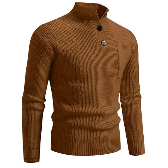 Wrtxtat Mens Stand Collar Pullover Sweater Twist Cable Knitted Long Sleeve Quarter Button Casual Ribbed Henley Sweaters with Pockets Brown XXXL