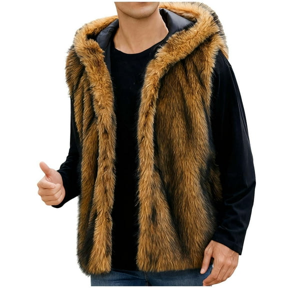 Wrtxtat Mink Coats for Men Hooded Collar Sleeveless Jacket Fashion Colorblock Fuzzy Warm Midweight Winter Outdoor Snow Coat Brown XL