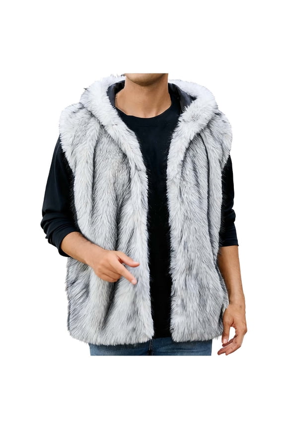 Mink Coats for Men Hooded Collar Sleeveless Jacket Fashion Colorblock Fuzzy Warm Midweight Winter Outdoor Snow Coat Gray M