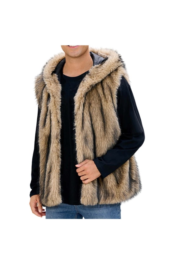 Mink Coats for Men Hooded Collar Sleeveless Jacket Fashion Colorblock Fuzzy Warm Midweight Winter Outdoor Snow Coat Khaki XXL