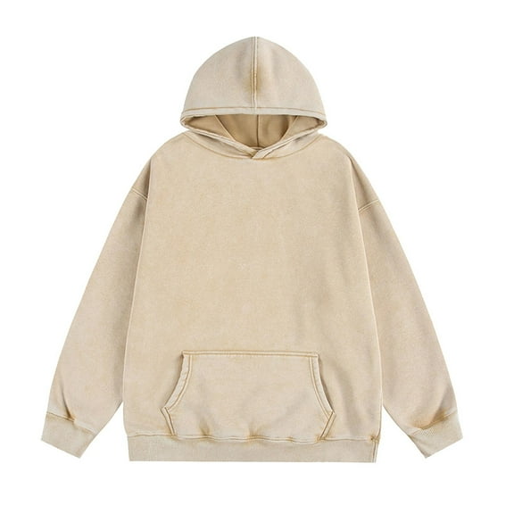 Wrtxtat Oversized Hoodies for Men Streetwear Fleece Midweight Vintage Style Pullover Long Sleeves Solid Color Top Athletic Hooded Sweatshirt Beige XXXXL