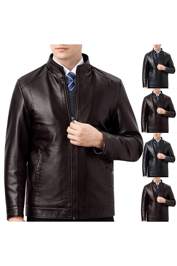 Wrtxtat PU Jacket for Men Stand Collar Full Zip Loong Sleeve Motorcycle Leather Coats Fall Winter Warm Heavyweight Water Resistant Shackets with Pocket Brown M