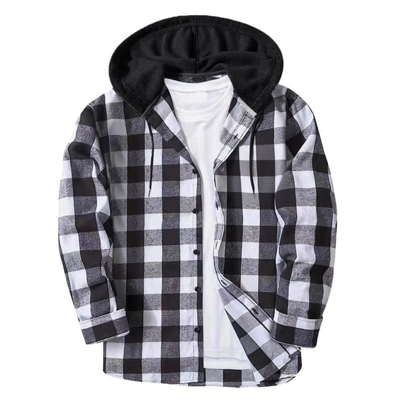 Wrtxtat Plaid Hooded Shirt for Men Fall Winter Warm Casual Long Sleeves Jacket Full Button Pocket Plush Hooded Top with Drawstrings Gray S