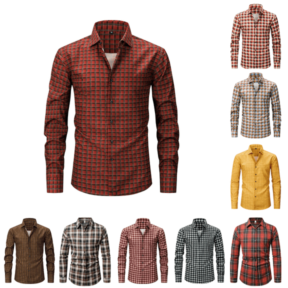 Wrtxtat Plaid Shirts for Men Stretchy Lapel Full Button Long Sleeve Blouse Tops Checkered Slim Fit Lightweight Work Shirts Light Blue XXL