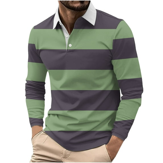 Wrtxtat Polo Golf Shirts for Men Lightweight Breathable Outdoor Sports Pullover Slim Fit Colorblock Long Sleeve Lapel Shirt Green XXXL