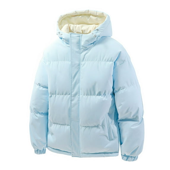 Wrtxtat Puffer Jackets for Men Heavyweight Winter Warm Cotton Lined Outerwear with Pockets Full Zip Solid Color Drawstrings Hoodie Blue L