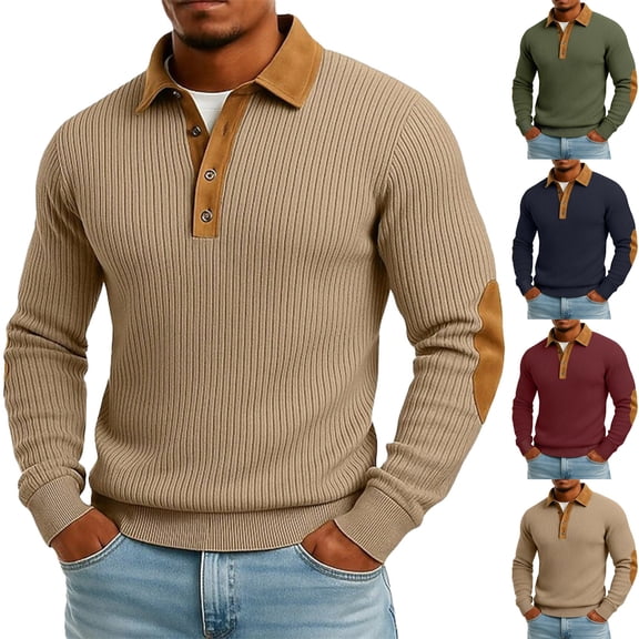 Wrtxtat Quarter Button Sweatshirts for Men Long Sleeve Lapel Ribbed Knit Tshirts with Padded Elbows Midweight Fall Winter Outdoor Hiking Climbing Tops Army Green S