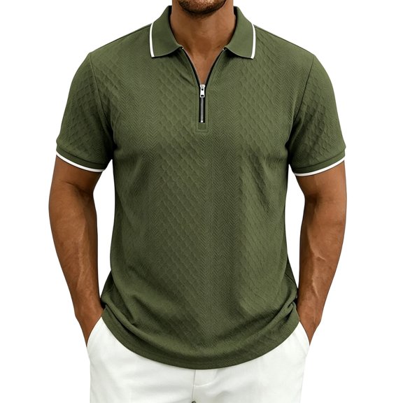 Wrtxtat Quarter Zip Golf Shirts for Men Jaquard Knit Short Sleeve Collared T-Shirts Casual Classic Lightweight Tee Tops Dark Green S