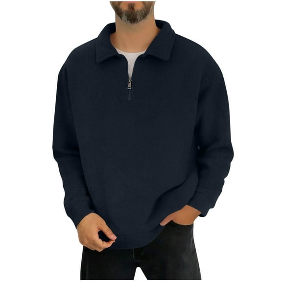 Wrtxtat Quarter Zip Pullover for Men Warm Polar Fleece Top Autumn Fashion Midweight Solid Color Sweatshirt Turndown Collar Long Sleeve T-Shirt Navy XXXL