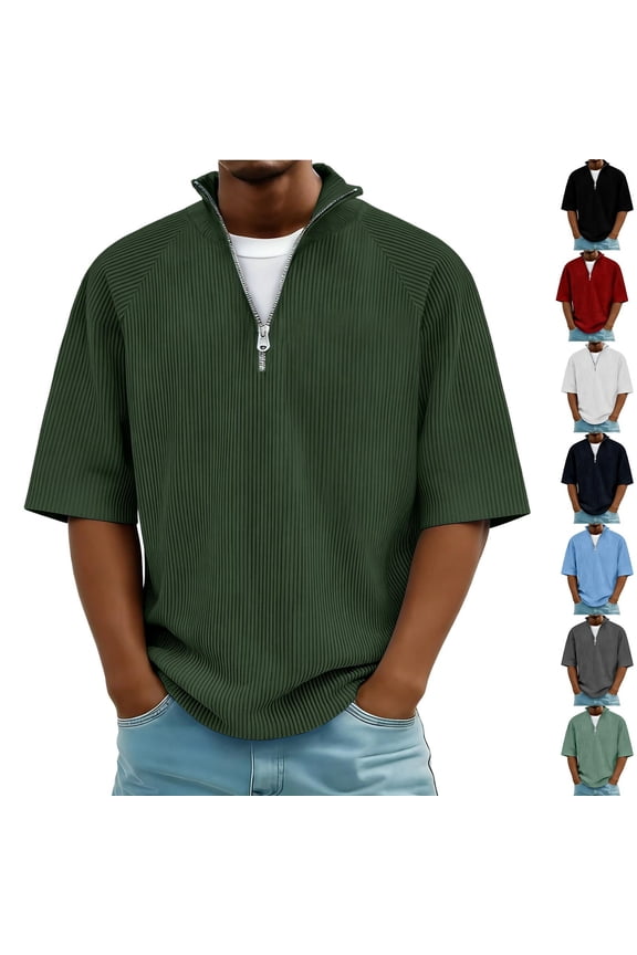 Quarter Zip Shirt for Men Half Sleeves Elbow Length Tshirt Ribbed Knit Workout Tee Tops Casual Lightweight Spring Summer Tees Red M
