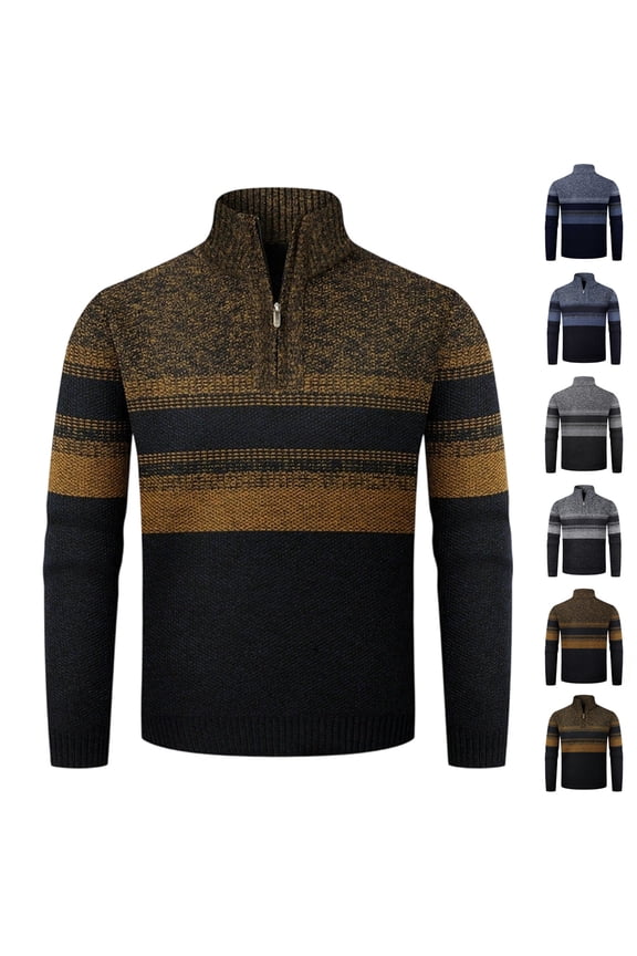 Quarter Zip Sweater for Men Knitted Mock Neck Long Sleeve Colorblock Jumpers Stretchy Comfy Soft Midweight Warm Fall Winter Pullover Blue M