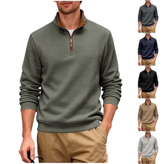 Wrtxtat Quarter Zip Sweatshirt for Men Mock Neck Thermal Midweight Long Sleeve Pullover Solid Color Warm Fleece Lined Sweaters Black L