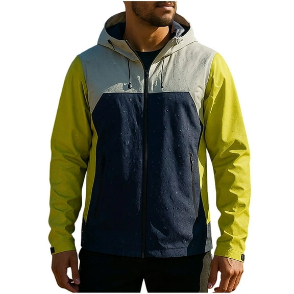 Wrtxtat Rain Jacket for Men Full Zip Drawstrings Waterproof Hoodie with Pockets Winter Warm Heavyweight Colorblock Windbreaker Navy L