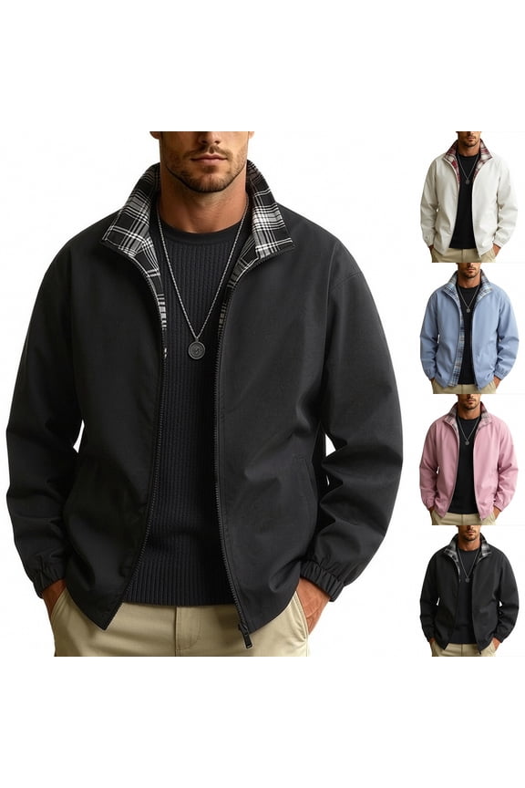 Reversible Jacket for Men Windproof Waterproof Lightweight Coats Midweight Fashion Fall Spring Sports Running Gym Plaid Jackets with Pockets Hot Pink M