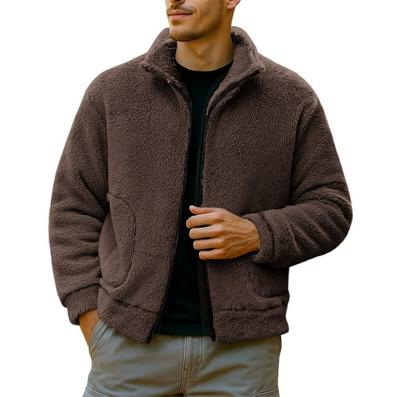 Wrtxtat Sherpa Fleece Lined Jackets for Men Full Zip Stand Collar Outerwear with Pockets Autumn Fashion Lightweight Solid Color Jackets Brown L