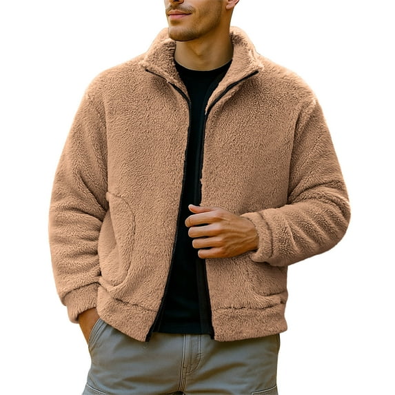 Wrtxtat Sherpa Fleece Lined Jackets for Men Full Zip Stand Collar Outerwear with Pockets Autumn Fashion Lightweight Solid Color Jackets Coffee M