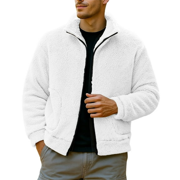 Wrtxtat Sherpa Fleece Lined Jackets for Men Full Zip Stand Collar Outerwear with Pockets Autumn Fashion Lightweight Solid Color Jackets White L