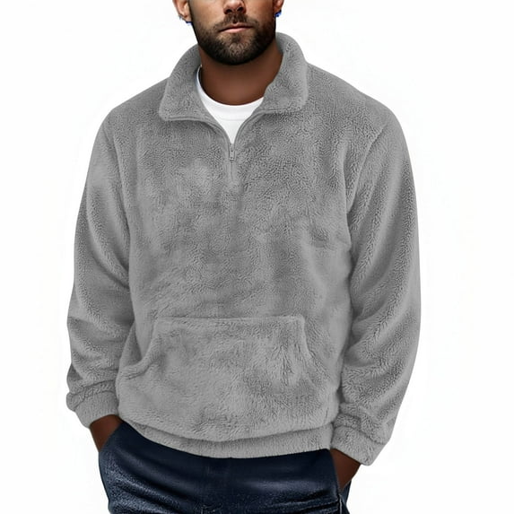 Wrtxtat Sherpa Pullover for Men Quarter Zip Turn down Collar Sweatshirt with Kangaroo Pockets Fall Lightweight Thermal Solid Color Top Gray XL