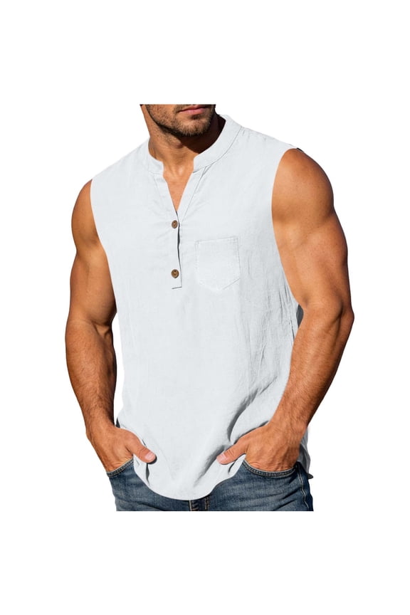 Sleeveless Shirts for Men Henley Collar Tee Shirts Summer Cooling Soft Cotton Tee Tops Outdoor Workout Gym Running Tshirt White L