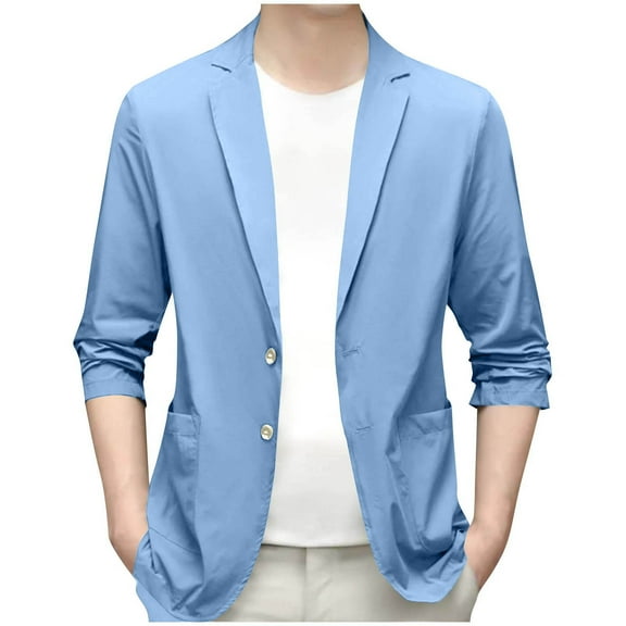 Wrtxtat Sport Coats for Men Peaked Lapel Single Breasted 2 Buttons Blazer Long Sleeve Solid Color Pockets Tuxedo Jacket Wedding Prom Party Light Blue XXXL