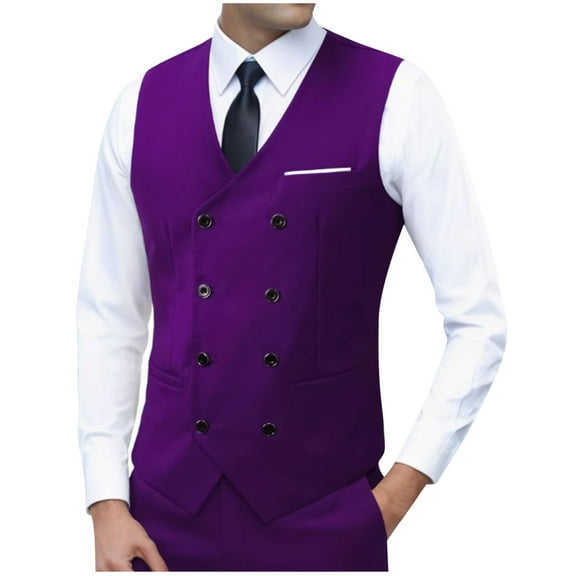 Wrtxtat Stylish Sport Coat for Men V-Neck Waistcoat with Pockets Double-Breasted Solid Color Prom Wedding Dinner Top Big and Tall Purple L