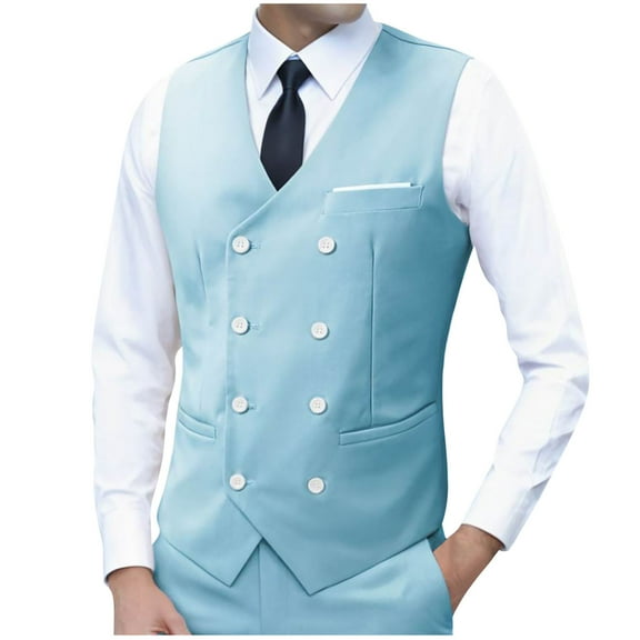 Wrtxtat Stylish Sport Coat for Men V-Neck Waistcoat with Pockets Double-Breasted Solid Color Prom Wedding Dinner Top Big and Tall Sky Blue M