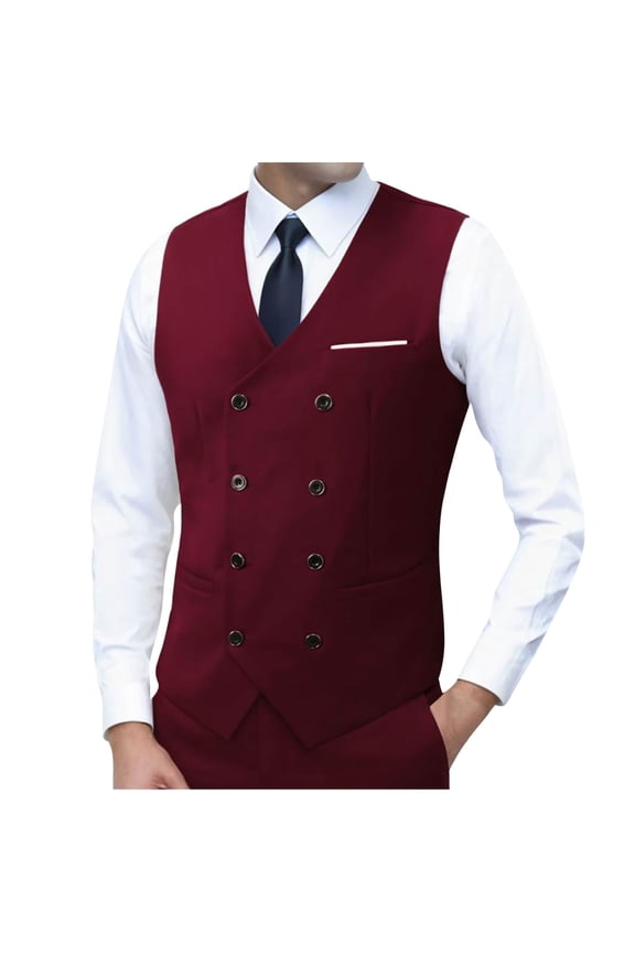 Stylish Sport Coat for Men V-Neck Waistcoat with Pockets Double-Breasted Solid Color Prom Wedding Dinner Top Big and Tall Wine S