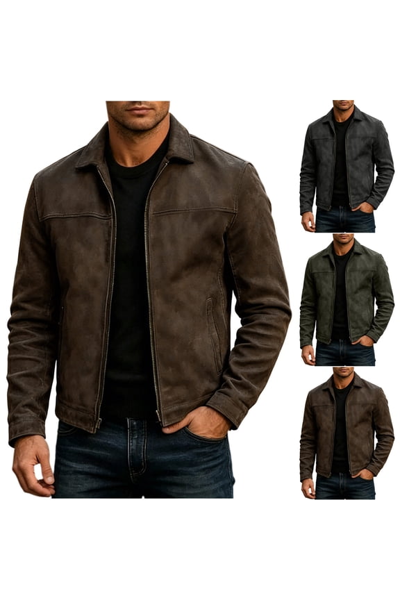 Suede Trucker Jackets for Men Midweight Windproof Lapel Collar Zip Up Casual Fall Winter Outerwear Coats with Pocket Brown L