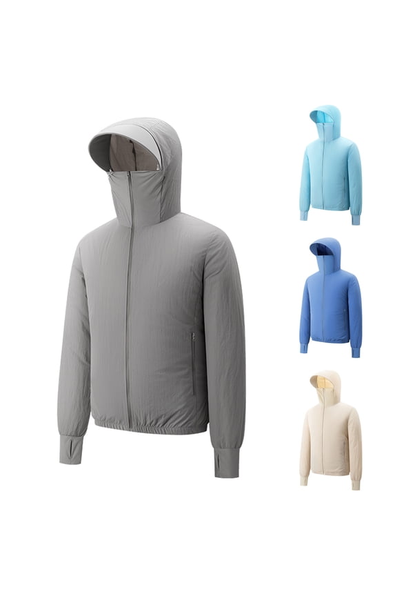 Sun Protection Jacket for Men UPF 50+ Air Conditioner Hoodie Lightweight Full Zip Pockets Shacket Stay Cool in Summer,Built-In USB Rechargeable Fans Gray M