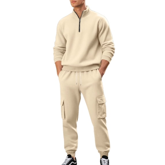 Wrtxtat Sweat Suit for Men Leisure Solid Color Mock Neck Quarter Zip Pullover Pocket Elastic Waist Drawstrings Trousers Outfit Set Beige XXL
