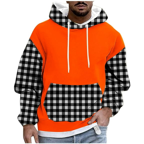 Wrtxtat Sweatshirts for Men Autumn Winter Warm Midweight Plaid Printed Pullover with Kangaroo Pocket Drawstrings Hooded Sweatshirt Orange M