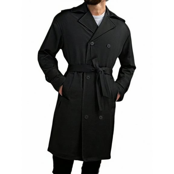 Wrtxtat Trench Coat for Men Casual Fashion Heavyweight Warm Outerwear with Pockets Belted Double Breasted Button Down Long Jackets Black XXL