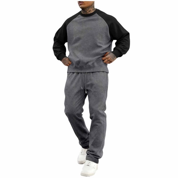 Wrtxtat Two Piece Outfits for Men Raglan Long Sleeve Sweat Suit Raglan Pullover Shirt and Elastic Jogger Pants Outfit Spring Athletic Set Dark Gray S