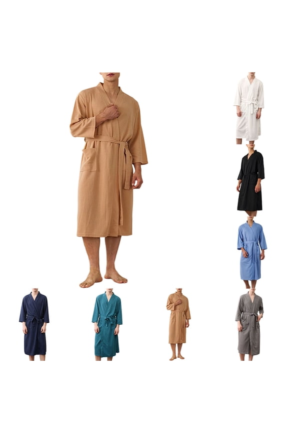 Waffle Knit Bathrobe for Men 3/4 Sleeves Lightweight Belted Bath Robes Sleepwear Pajamas Mid-Length Night Gowns Black M