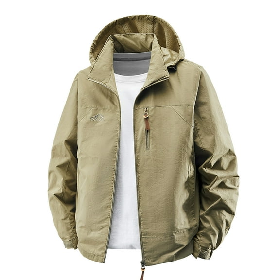 Wrtxtat Waterproof Jackets for Men Autumn Midweight Solid Color Zipper Outerwear Softshell Detachable Hood Pockets Windbreaker Big and Tall Khaki XXXL