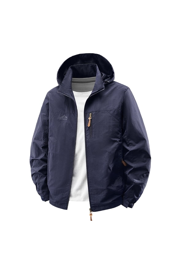 Waterproof Jackets for Men Autumn Midweight Solid Color Zipper Outerwear Softshell Detachable Hood Pockets Windbreaker Big and Tall Navy XL