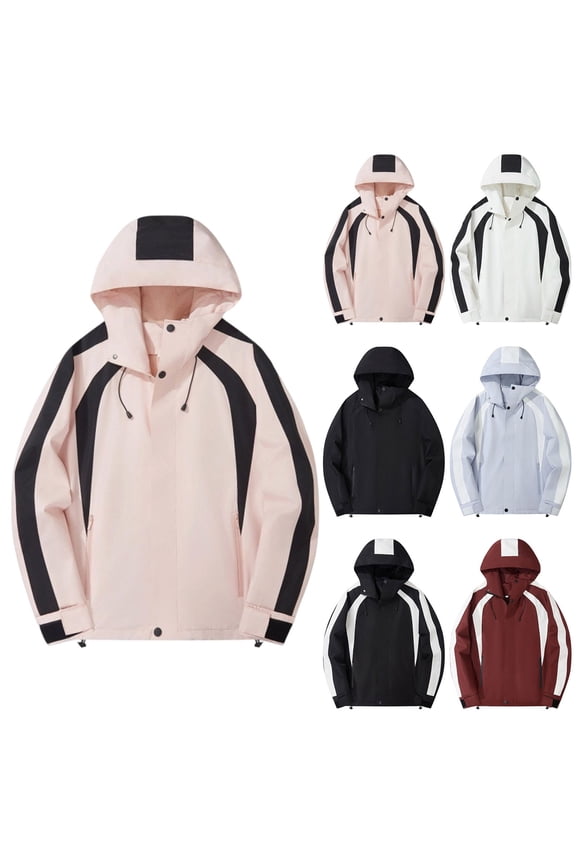 Waterproof Jackets for Men Color Block Long Sleeve Drawstring Full Zip Hoodie Coats Wind Resistant Hiking Cycling Jackets Pink S