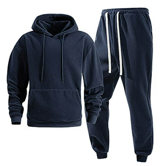 Wrtxtat Winter Sweatsuit for Men Fashion Warm Polar Fleece Hooded Top Drawstrings Tapered Sweatpants Solid Color Suits Dark Blue XL