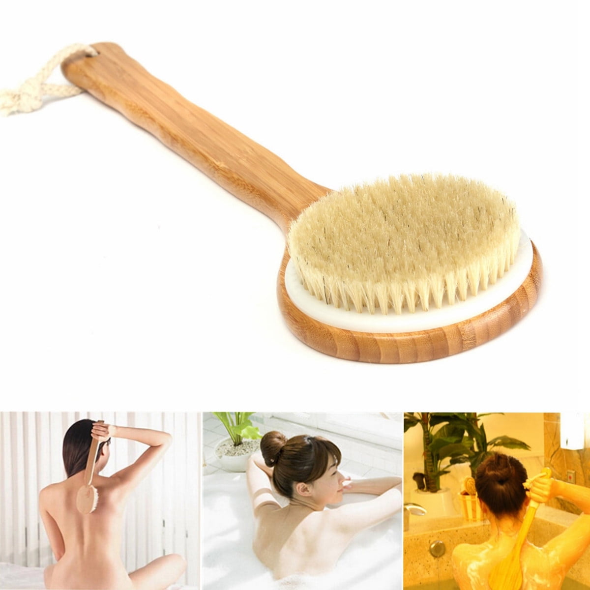 "Wrvxzio 15.7"" Natural Bristle Bath Brush, Wooden Body Massager, Dry ...