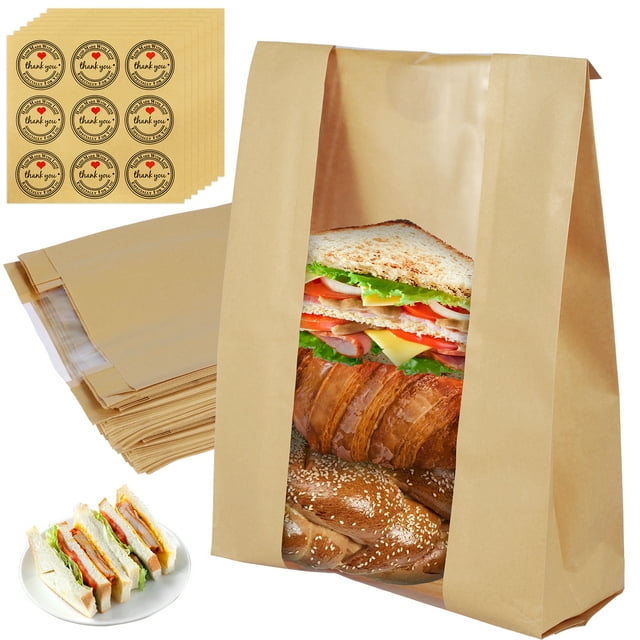 Wrvxzio 50 Pack Kraft Sourdough Bread Bags, Thank You Stickers, Clear