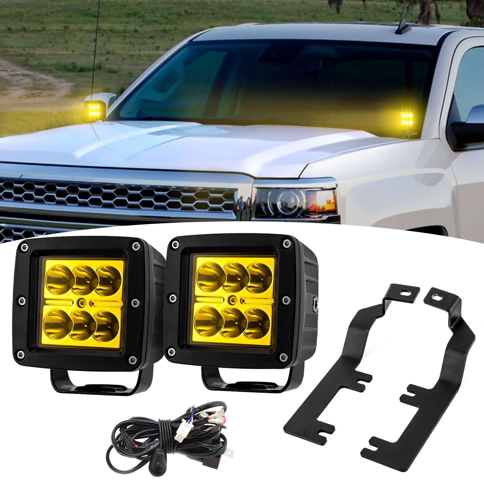 Chevy Silverado Lights Wsays 2PCS 3" Amber LED Light Pods & Hood Hinge  Mount Brackets For Chevy Silverado/GMC Sierra 2014-2018 Led Pods