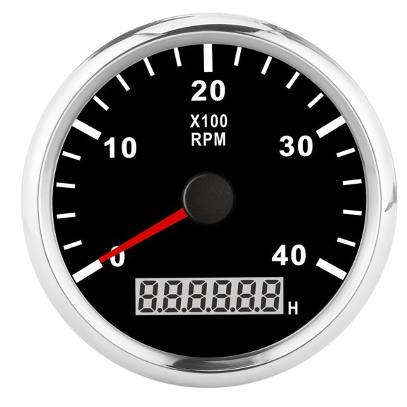 Wscoficey Tachometer Tachometer Gauge, 85mm Pointed Marine Tachometer with Red Backlight Curved Glass Anti-fog for Ships Boats Yachts for Diesel Generator Engine /Gasoline Engine Black Dial Silver