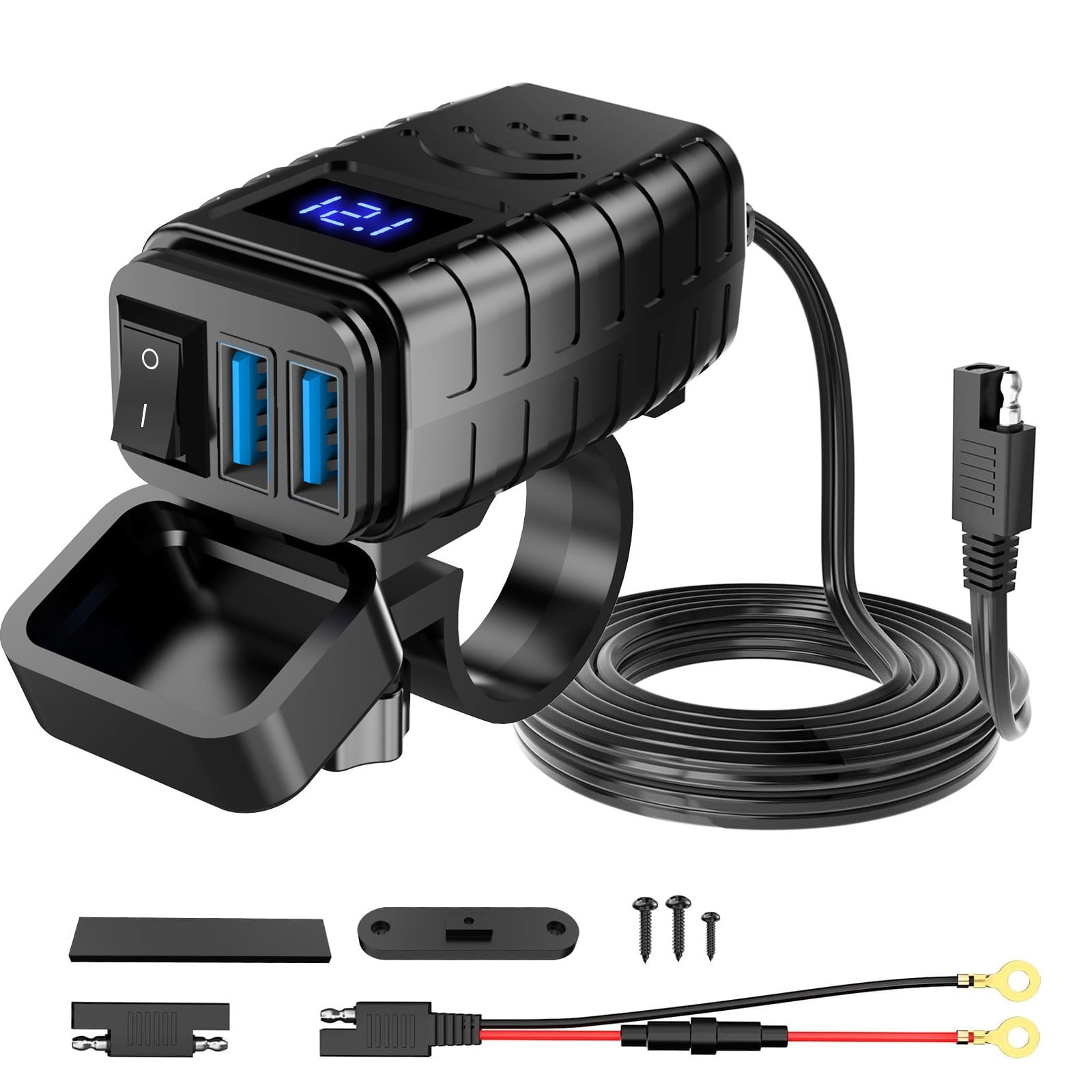 Wsdcam Motorcycle Charger Dual QC3.0 Blue Digital Display PD Port Power Socket Adapter Cell Mobile Phone Charger With LED Voltmeter Switch
