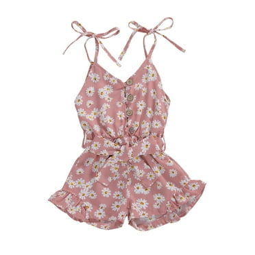 Wsevypo Baby Girl Floral Print V-neck Sleeveless Button Belt Short Romper