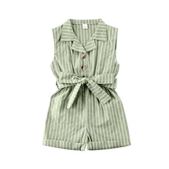 Wsevypo Baby Girl Striped Printed Sleeveless Button Down Belt Short Romper