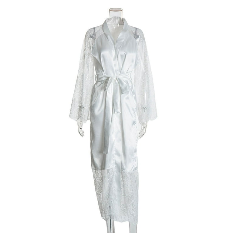 Wsevypo Women's Long Lace Silk Satin Robe Sleepwear Bathrobes
