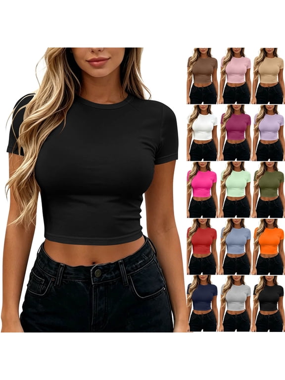 Women's Crew Neck Petite Slim Fit Short Sleeve Crop Top, Solid Stretch Knit Fitted Baby Tee, Trendy Y2K Streetwear Casual Blouse