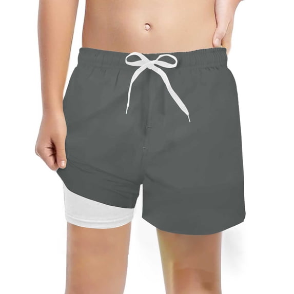 Wsysadlol Boys Solid Color Swim Trunks With Built-In Compression Liner High Waist Stretch Drawstring Swim Shorts For Beach And Water Sports Gray