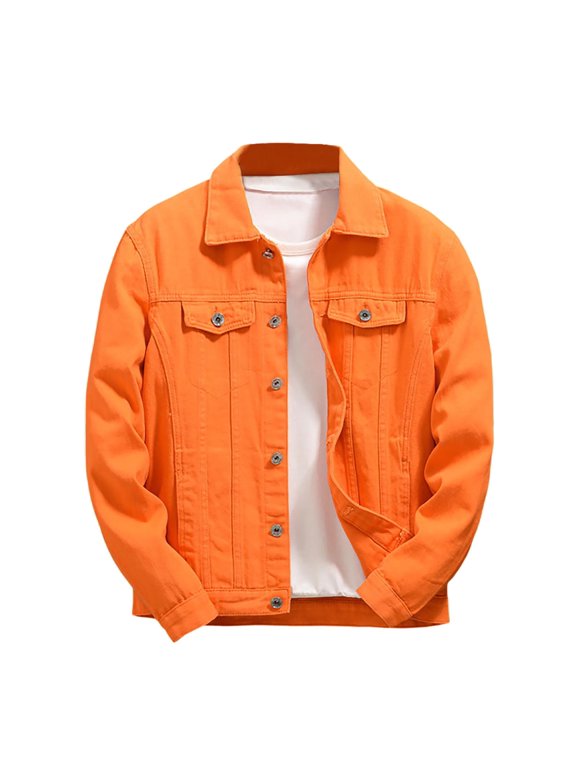 Mens Winter Coats Men'S Autumn Outdoor Solid Colour Loose Style Long Sleeve Denim Jacket Coat Warm Tops Orange M